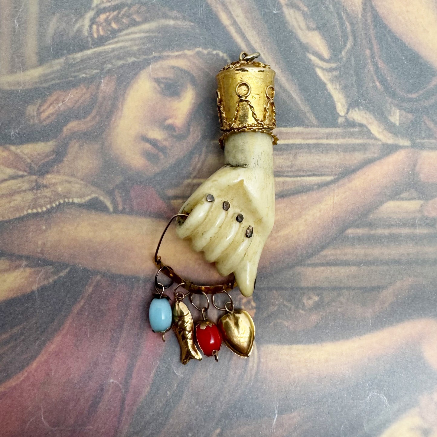 Antique 18k Gold Mano Figa Pendant: Victorian Bone Charm with Heart & Fish