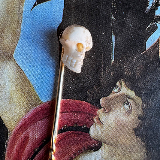 Antique 9k Gold Skull Stick Pin, Victorian Memento Mori Pin, 9 ct Gold Carved Bone Skull Cravat StickPin, 1800s Lapel, 19th Century Tie Pin