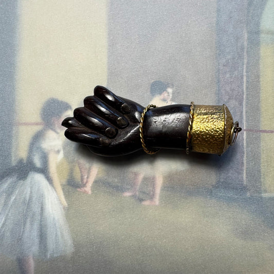 Large Vintage Wood Figa Hand Amulet, Gold Tone Metal Mount & Nails, Good Luck Charm, Afro Brazilian Protection Talisman, Figa Charm