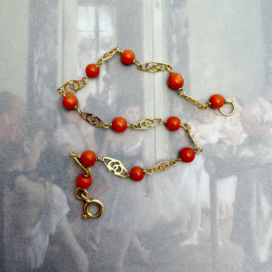 Vintage 18k Gold Coral Bracelet, 18 ct Gold Natural Coral Beaded Bracelet, Wrist Jewellery, Vintage Delicate Bracelet, Mediterranean Coral