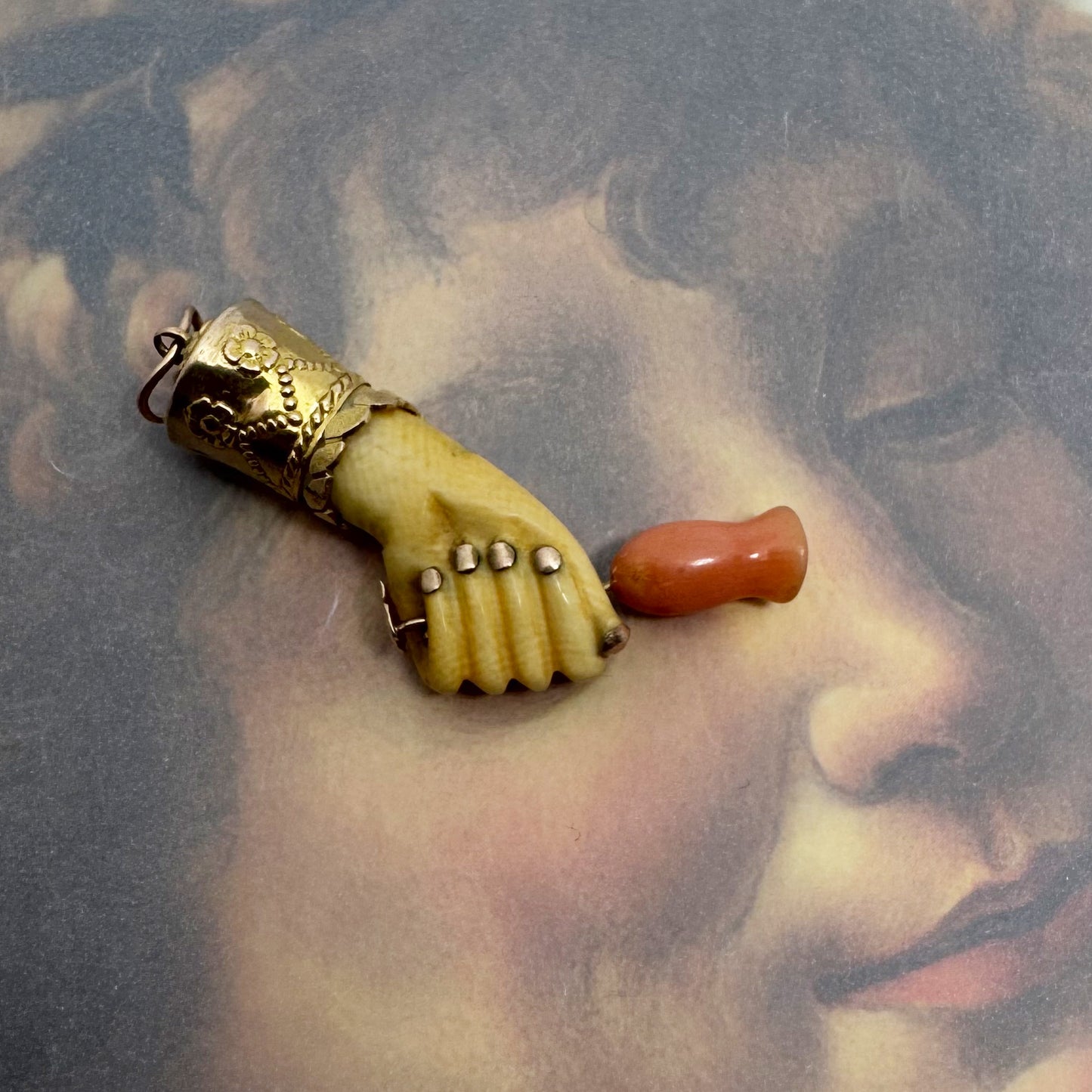 Antique 9k Gold Bone Figa Pendant, Victorian Coral Flower Amulet
