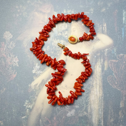 Antique 18k Gold Natural Italian Coral Necklace, Sardinian Red Coral Choker, Coral Branch, Early 20th Century Coral Beads, 1930s