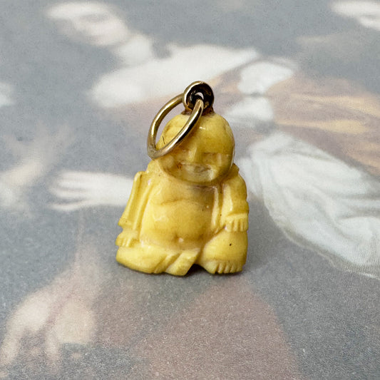 Vintage 18k Bone Laughing Buddha, Carved Bone Buddha Gold Charm, 18 ct Gold Buddha Pendant, Midcentury Coral 18 ct Charm