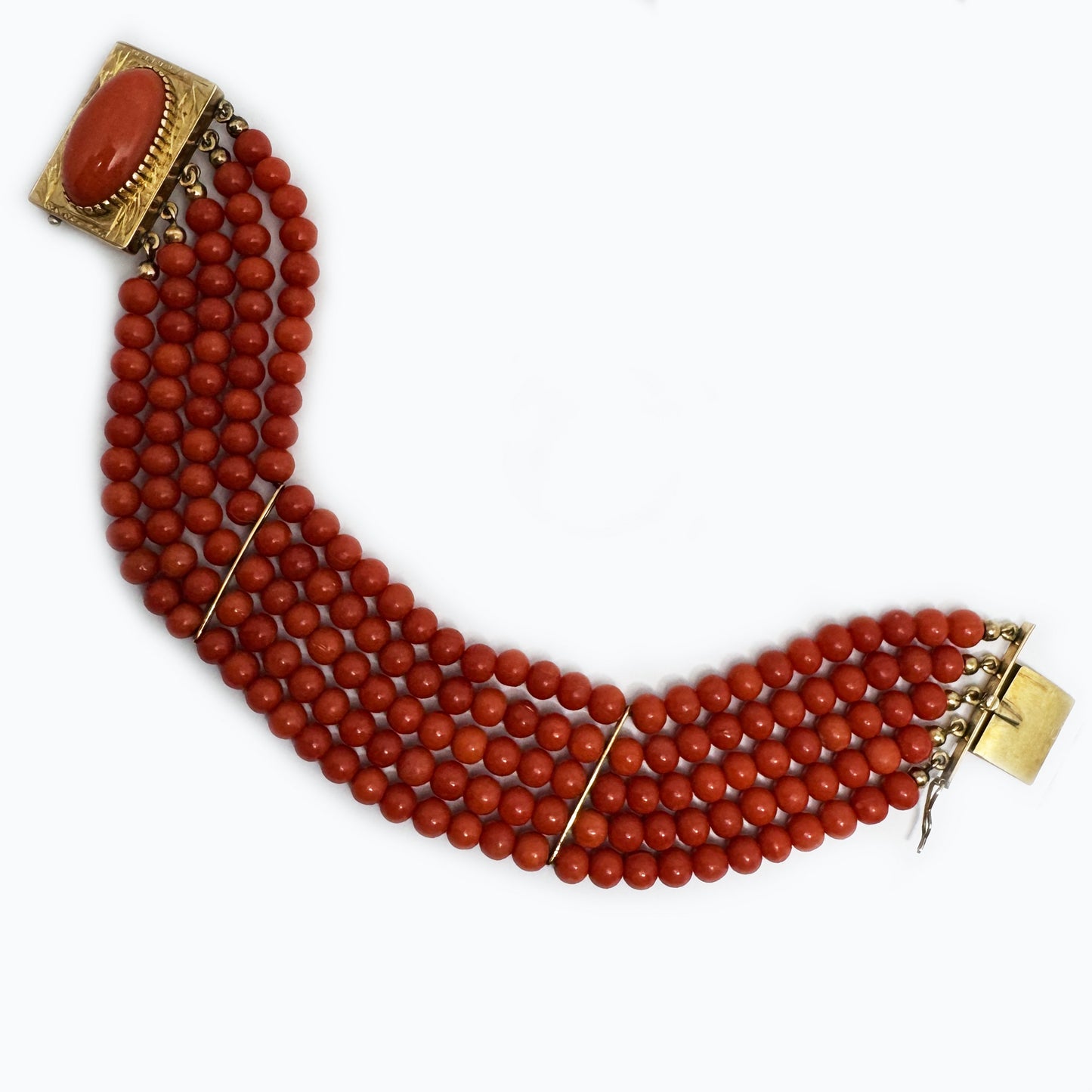 Vintage 14k Gol Coral Bracelet, 4-strand red  Natural Mediterranean Coral  beads  Italian Jewelry