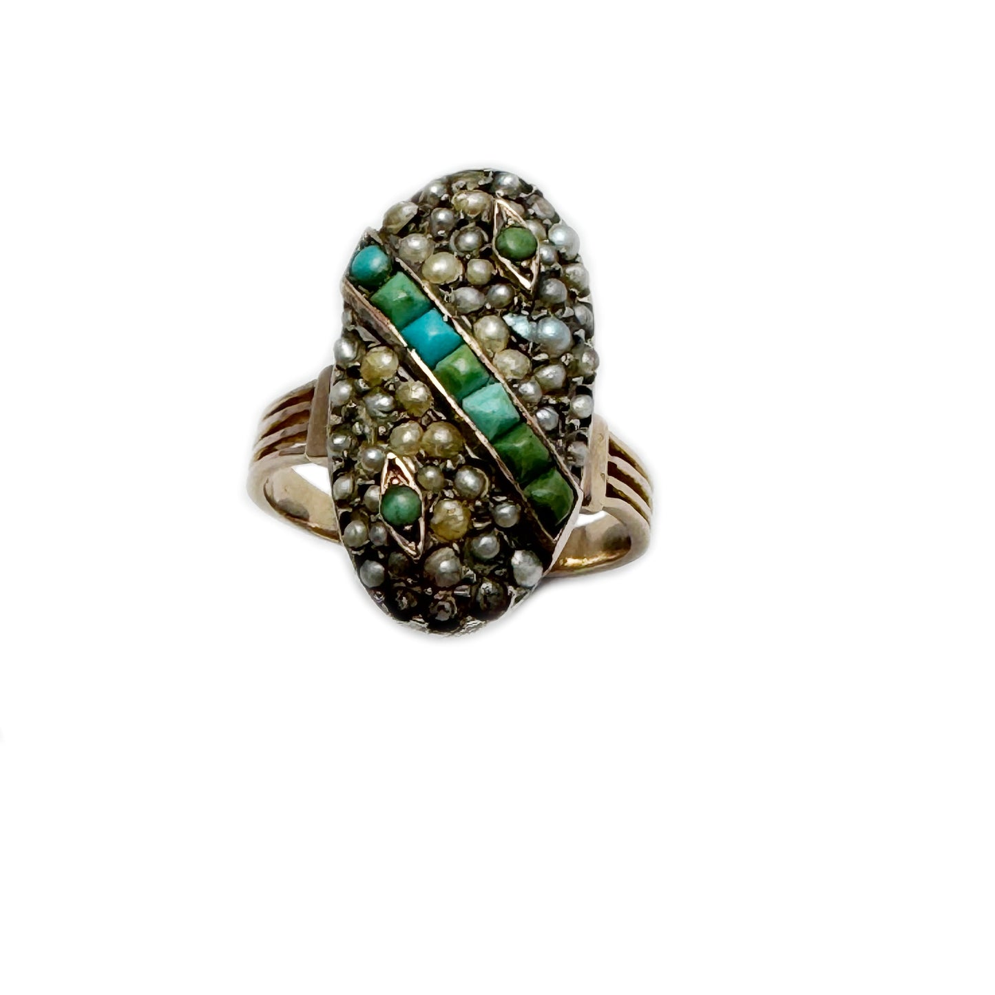 Antique 18K Gold Ring, Pearl & Turquoise Navette Ring, Uncleaned Victorian Era Jewellery , Size US 5 / UK J , 3.9 grams, 19th Century Ring