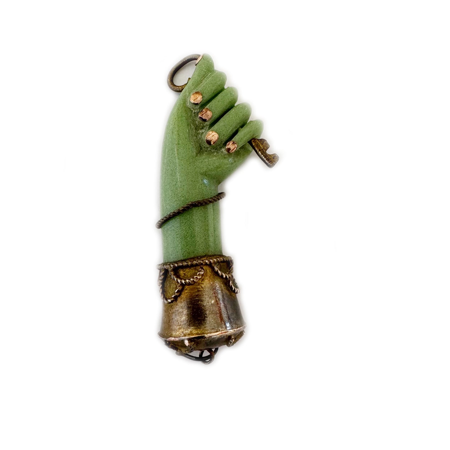 Antique 1940s Figa Pendant, Green Bakelite Mano Fico Charm, Key Amulet for Luck Protection Freedom, Unique Vintage Hand Pendant