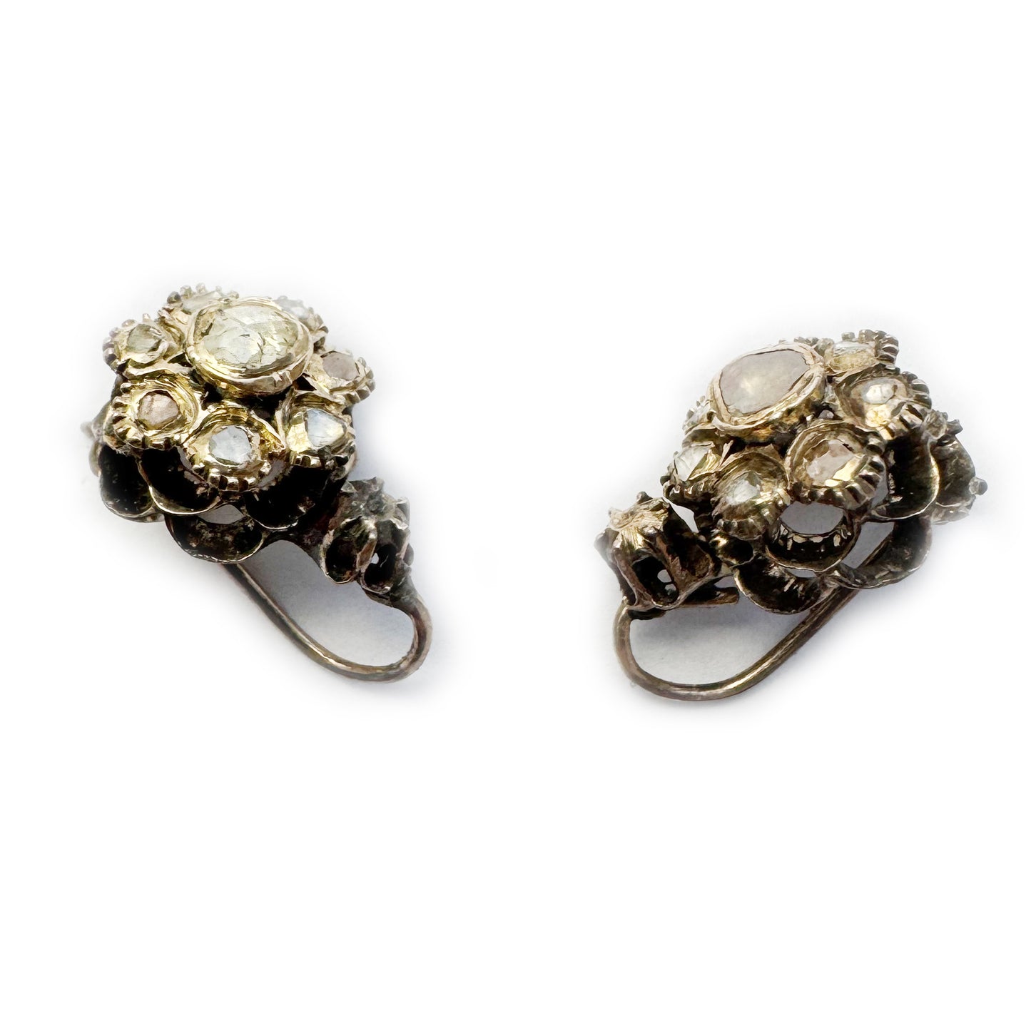 Antique Rose Cut Diamond Earrings,  Late 1700s Early 1800s Silver Cluster Drops, Georgian Era Dainty Jewellery, Old Cut Mine Diamond