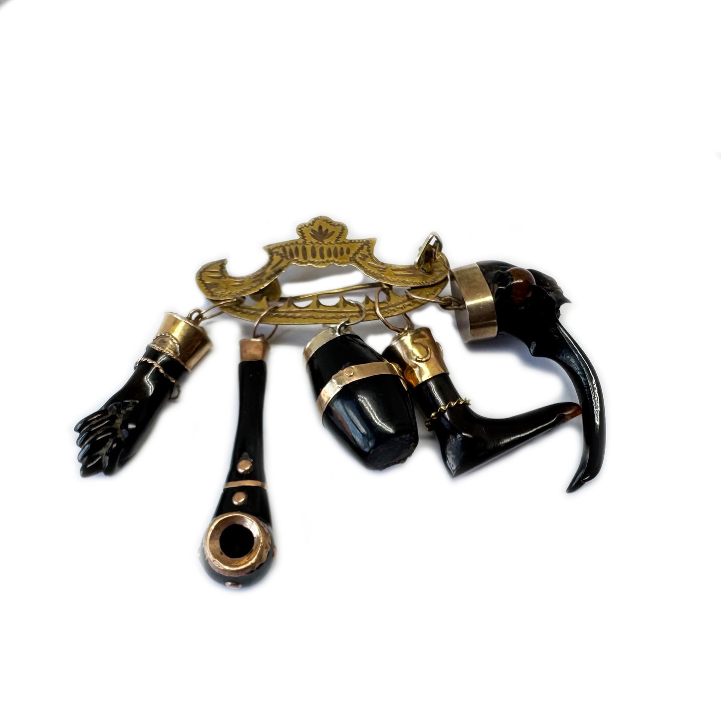 Antique 9k Gold Pin, Late Victorian Penca de Balangandã Brooch, 9ct Gold & Horn Charms, 1800s Colonial Cluster Brooch, Ex Voto Talismans