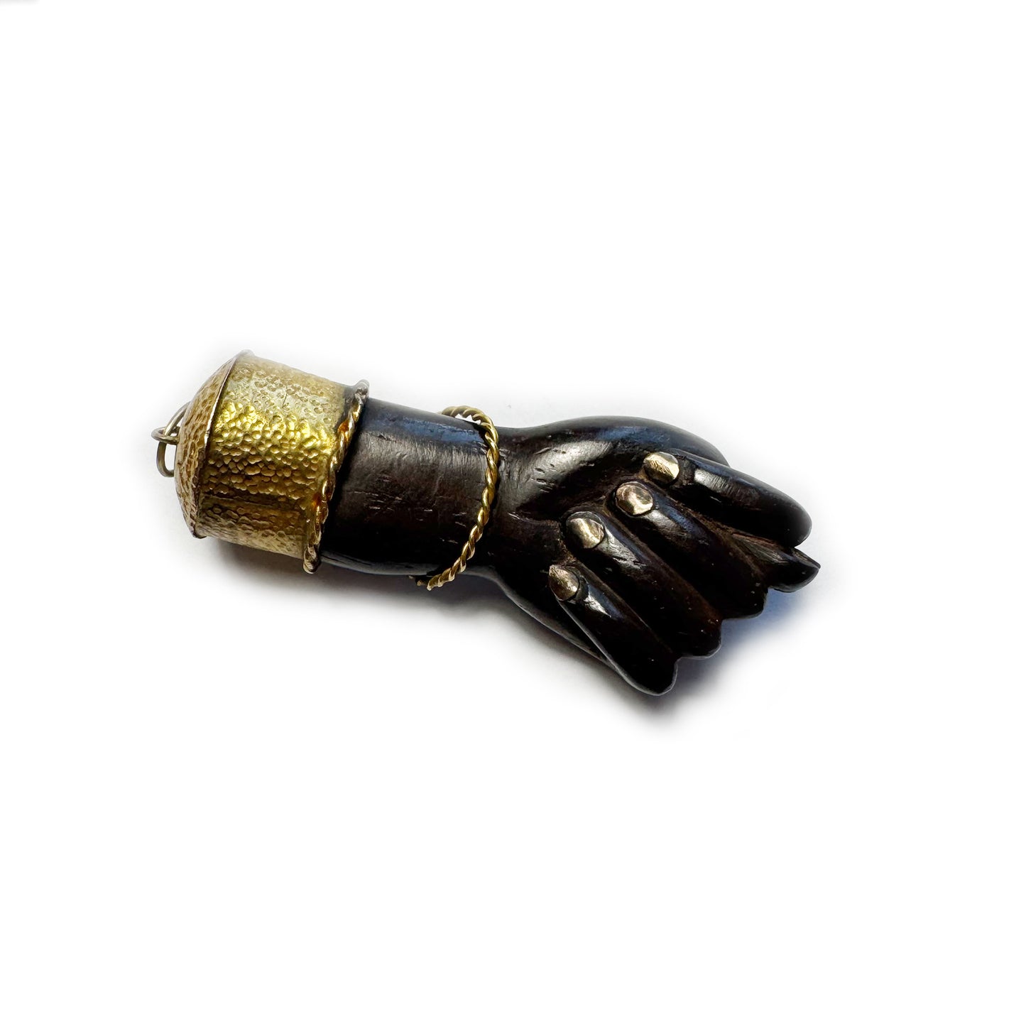 Large Vintage Wood Figa Hand Amulet, Gold Tone Metal Mount & Nails, Good Luck Charm, Afro Brazilian Protection Talisman, Figa Charm