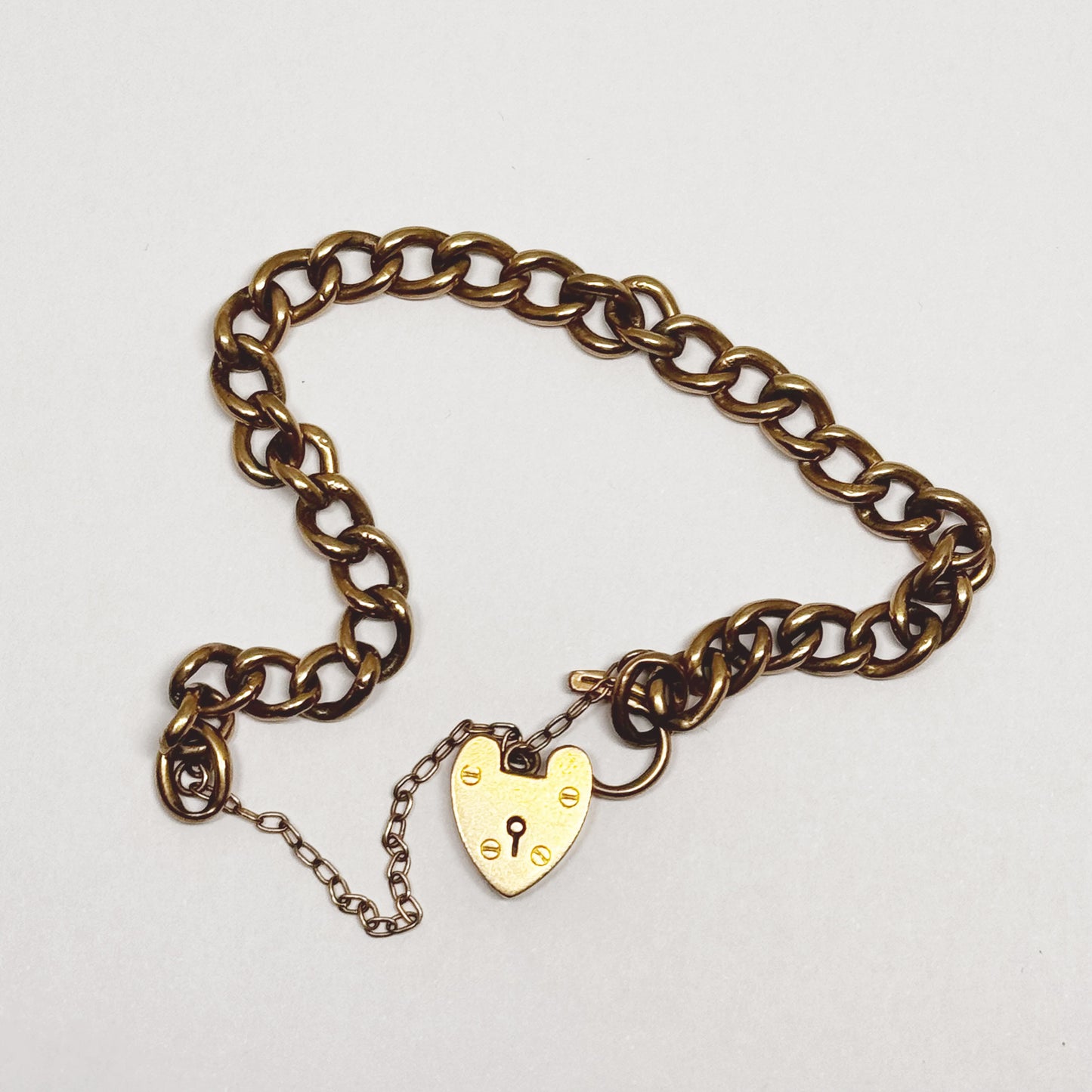 Victorian 9k Rose Gold Curb Link Heart Bracelet, 9 ct Gold Chain Bracelet, Heart Clasp, Fancy Curb, 9 ct Gold, 9K Gold Charm Bracelet