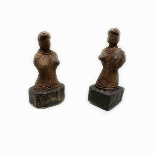 Antique Folk Art Wooden Sculptures, 19th Century Handcrafted Woman Doll Figures, Victorian Wood Carving Pair of Statuette Primitive Wood Art