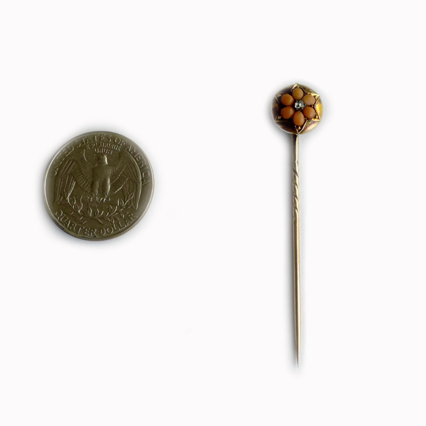 Victorian 9k Rose Gold Stick Pin with Coral and Diamond, Antique Flower Tie Pin, 19th Century Jewellery, Vintage 9ct Gold Lapel Pin Stickpin