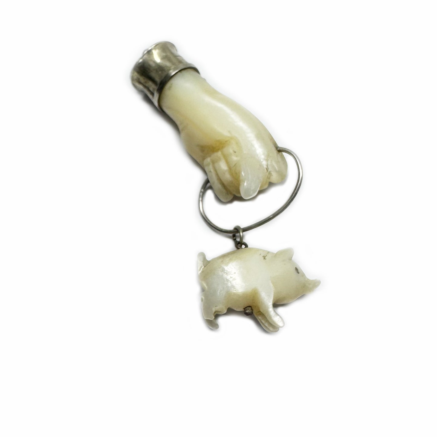 Antique Figa, Carved Mother Of Pearl, Mano Fico, Lucky Charm, Silver Victorian Fist, Hand Pendant, Amulet, Figa Charm, Mano Figa