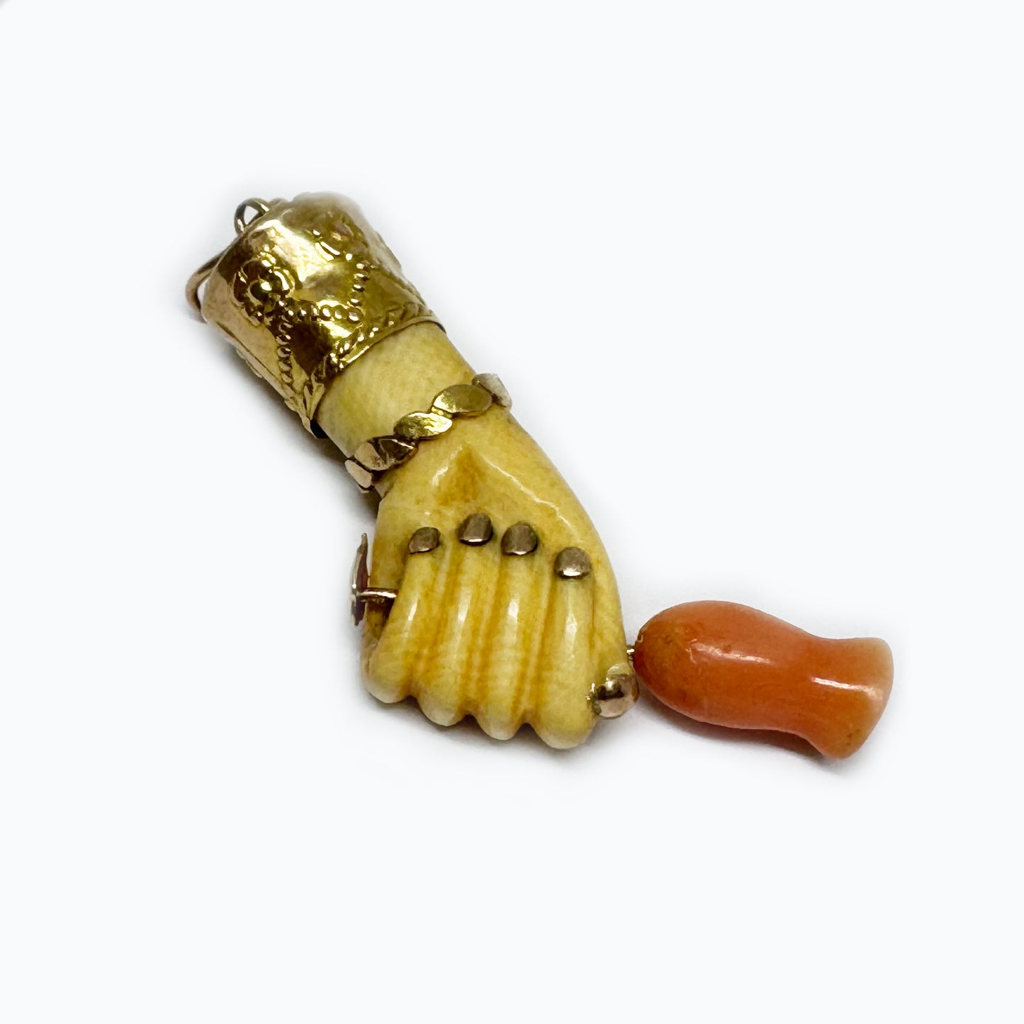 Antique 9k Gold Bone Figa Pendant, Victorian Coral Flower Amulet