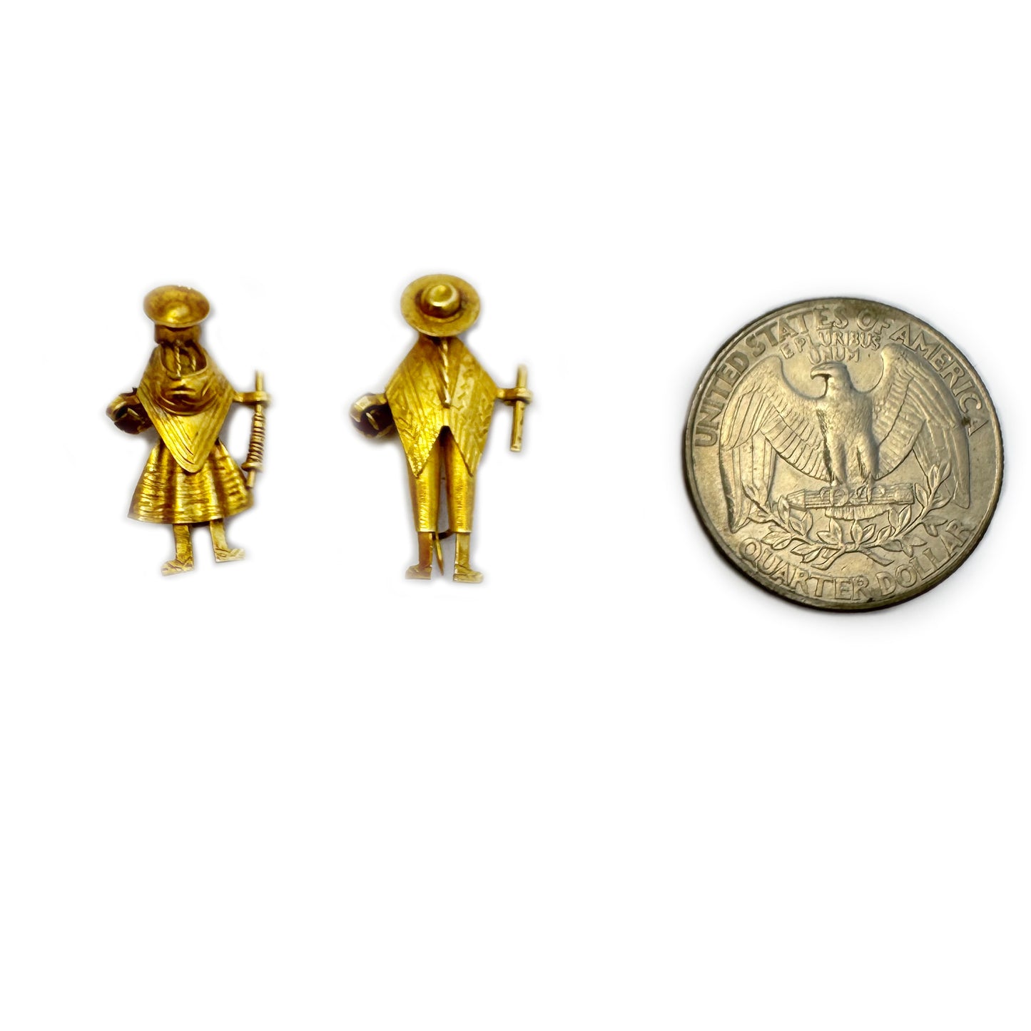 Antique 18k Gold Brooch Pair,  Peruvian Peasant Couple Pins, 18 ct Solid Gold Ethnic Jewellery, Folk Charm c.1900s, South America Treasure
