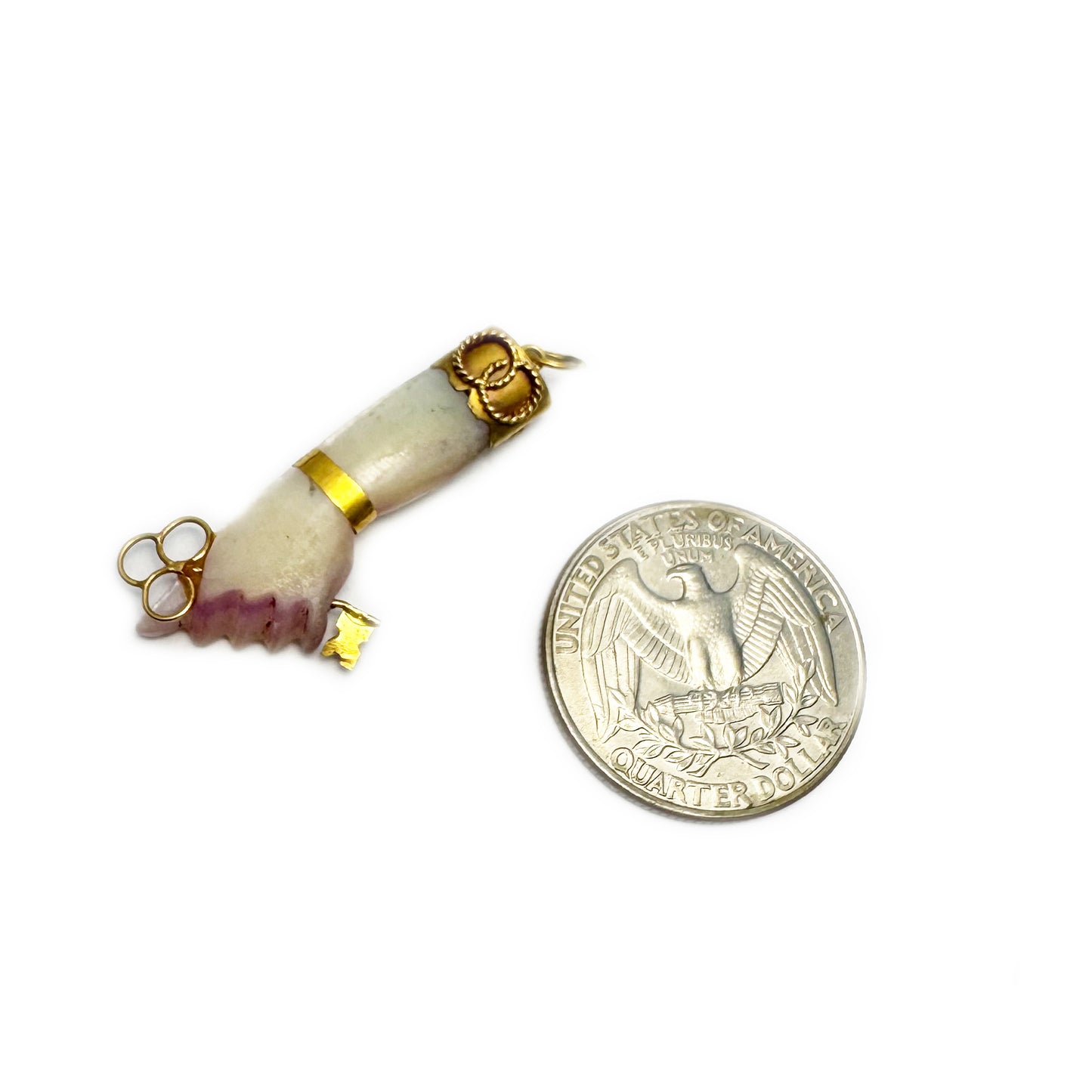 Vintage 18k Gold Abalone Figa Charm, Rare 1950s Mano Figa Pendant, Purple Mother of Pearl Hand 18 ct Gold Key Talisman