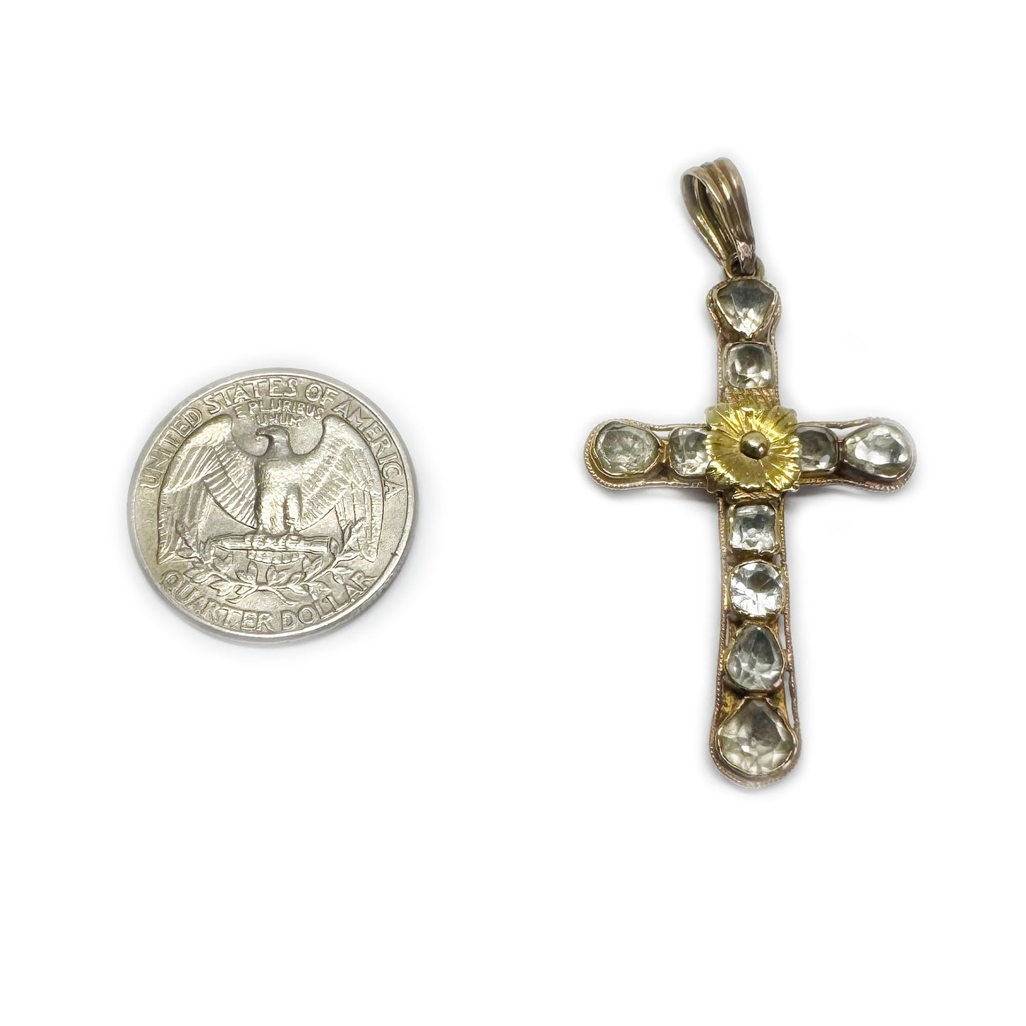 Antique 14k Gold Chrysoberyl Cross, 1700s Portuguese Crucifix Pendant, Georgian Jewellery, Baroque, Colonial Jewelry 18th Century Chrysolite