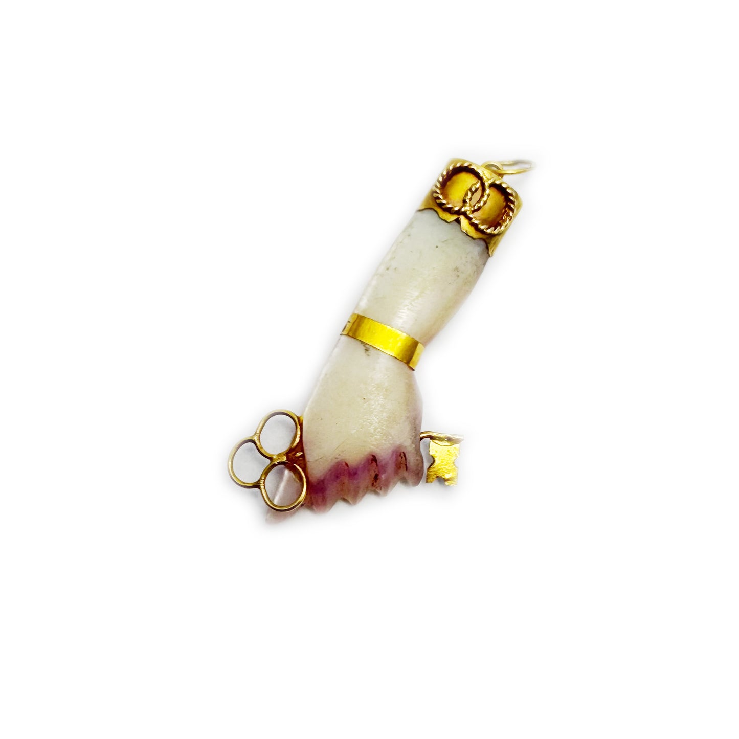 Vintage 18k Gold Abalone Figa Charm, Rare 1950s Mano Figa Pendant, Purple Mother of Pearl Hand 18 ct Gold Key Talisman