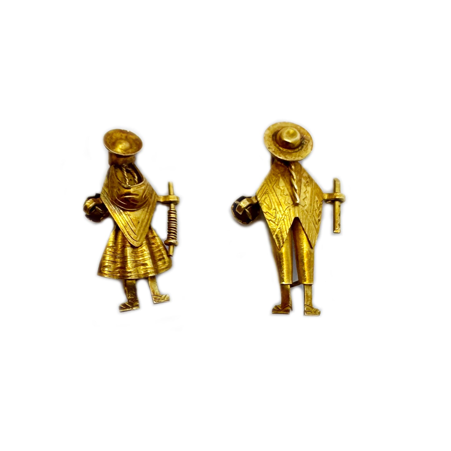 Antique 18k Gold Brooch Pair,  Peruvian Peasant Couple Pins, 18 ct Solid Gold Ethnic Jewellery, Folk Charm c.1900s, South America Treasure