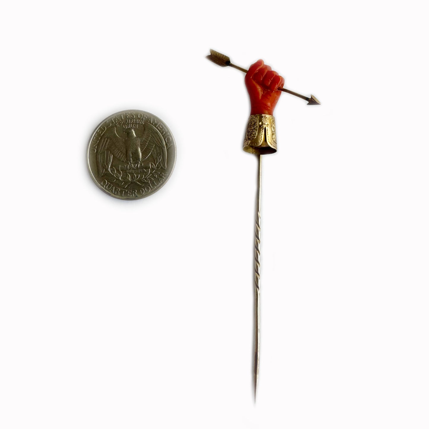 Antique 9k Gold Coral Hand Stick Pin, 9 ct Gold Coral Fist Tie Pin, Coral Figa, Mano Cornuto, Lucky Charm, Orange Coral, Stick-Pin, Figa