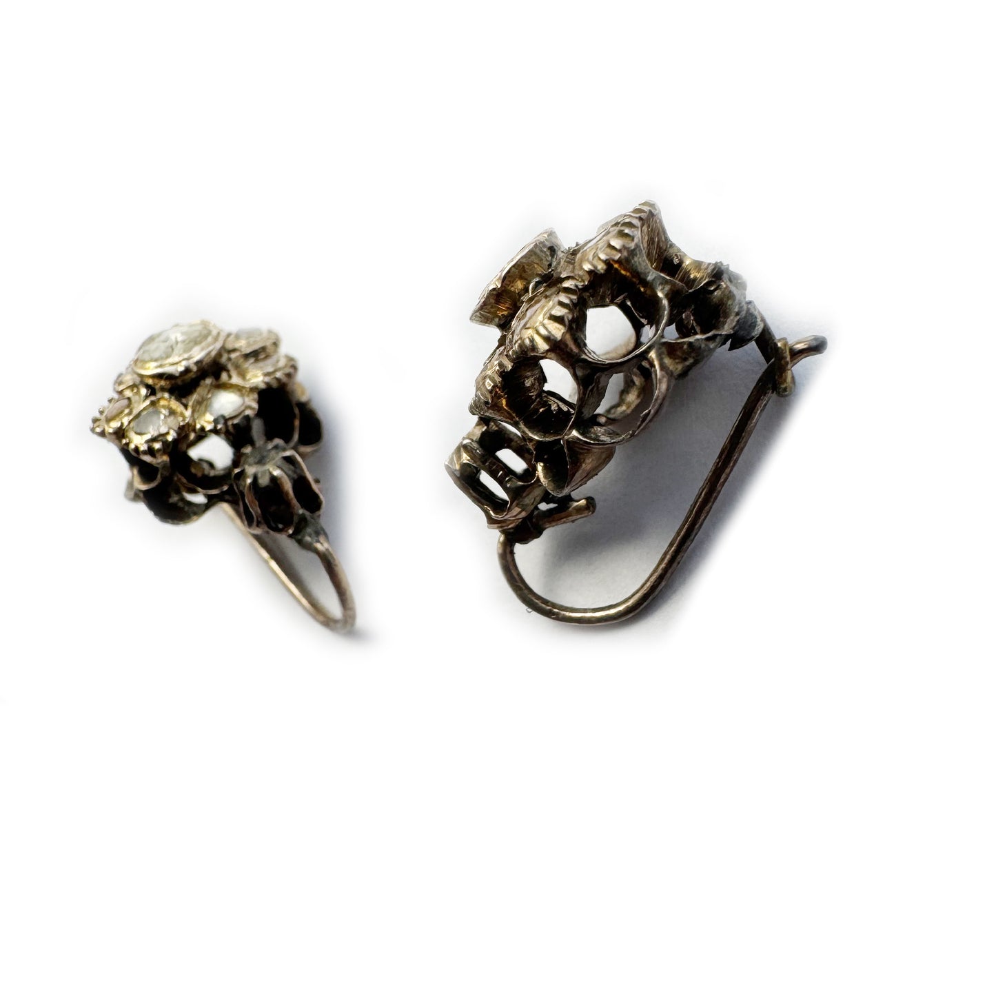 Antique Rose Cut Diamond Earrings,  Late 1700s Early 1800s Silver Cluster Drops, Georgian Era Dainty Jewellery, Old Cut Mine Diamond