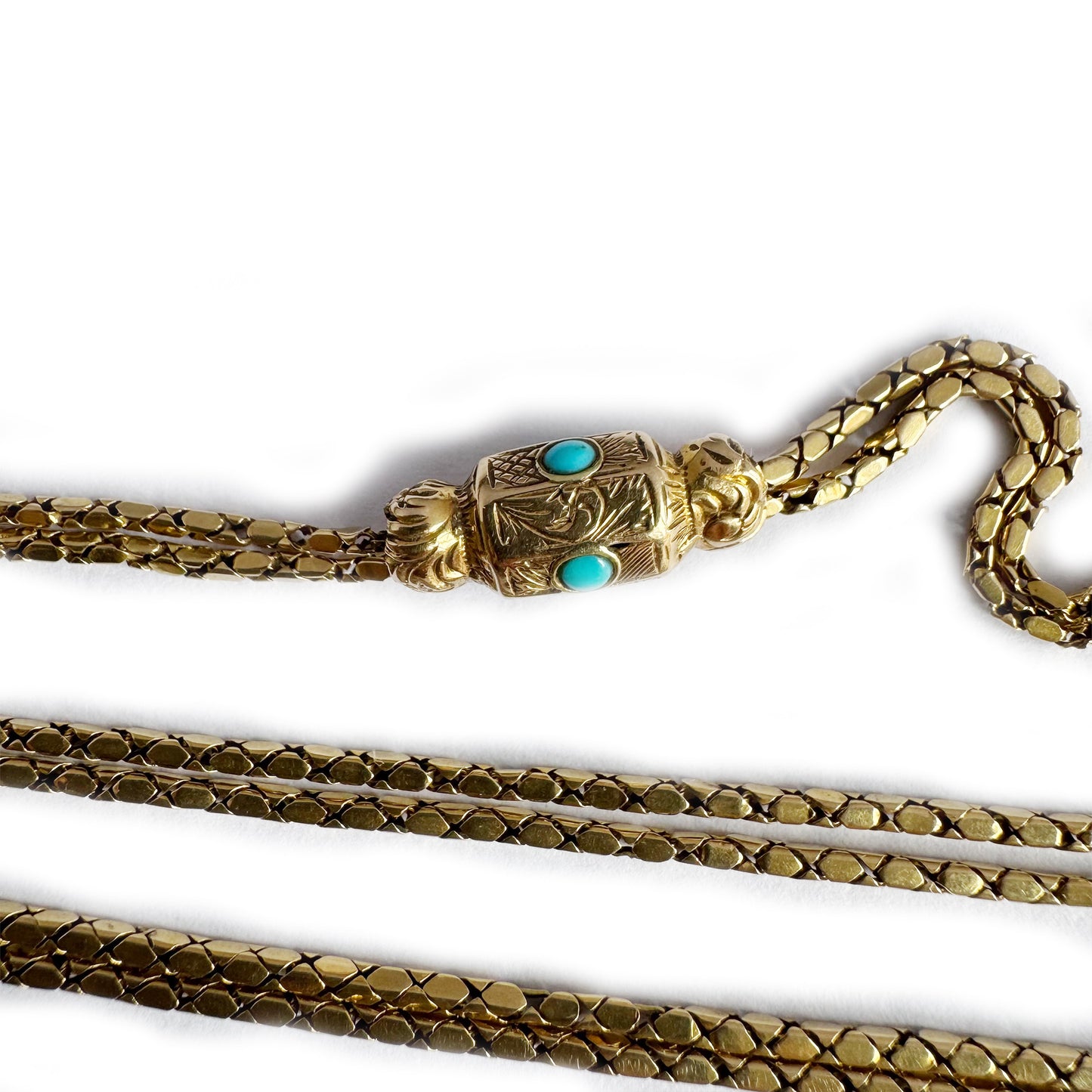Antique 18k Gold French Guard Chain, Georgian to Early Victorian, Turquoise Slide, Fist Clasp, 18 ct Gold Rare Delicate 19.0 Grams Necklace