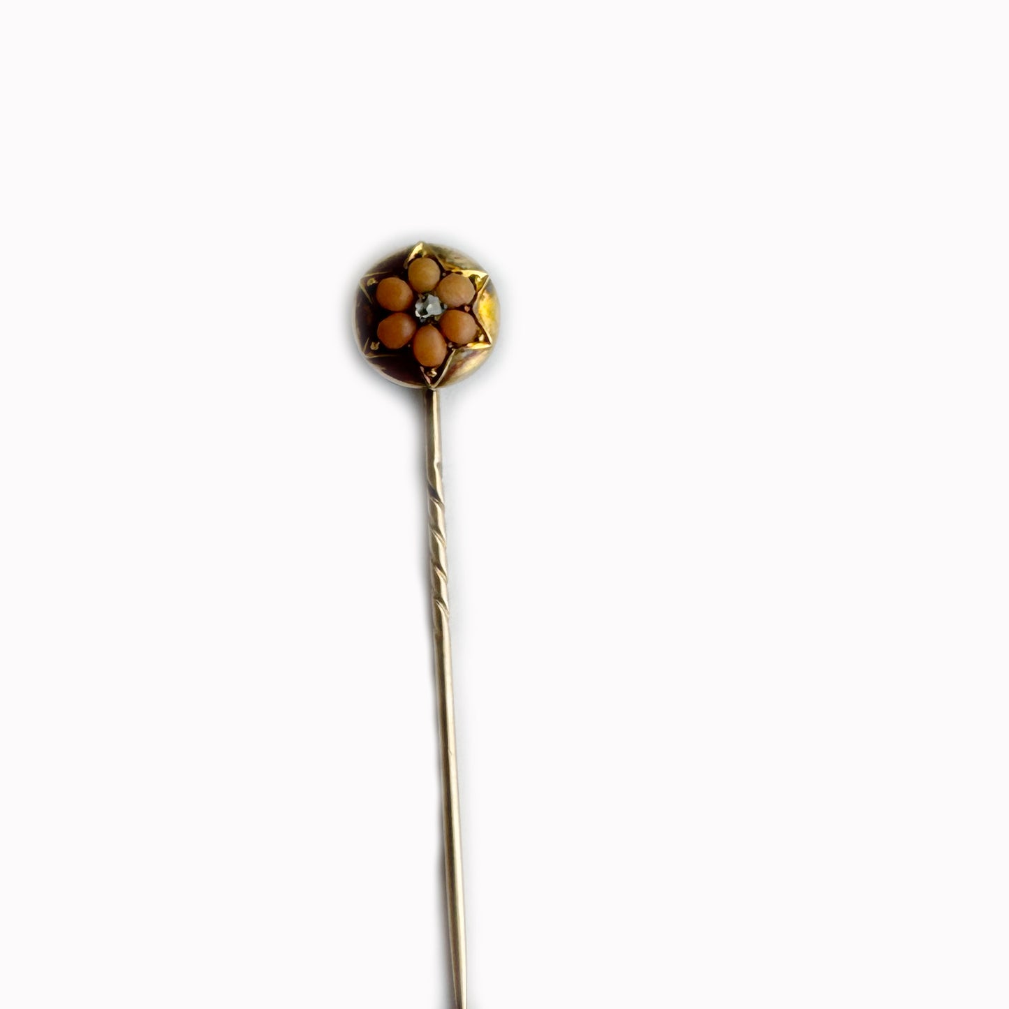 Victorian 9k Rose Gold Stick Pin with Coral and Diamond, Antique Flower Tie Pin, 19th Century Jewellery, Vintage 9ct Gold Lapel Pin Stickpin