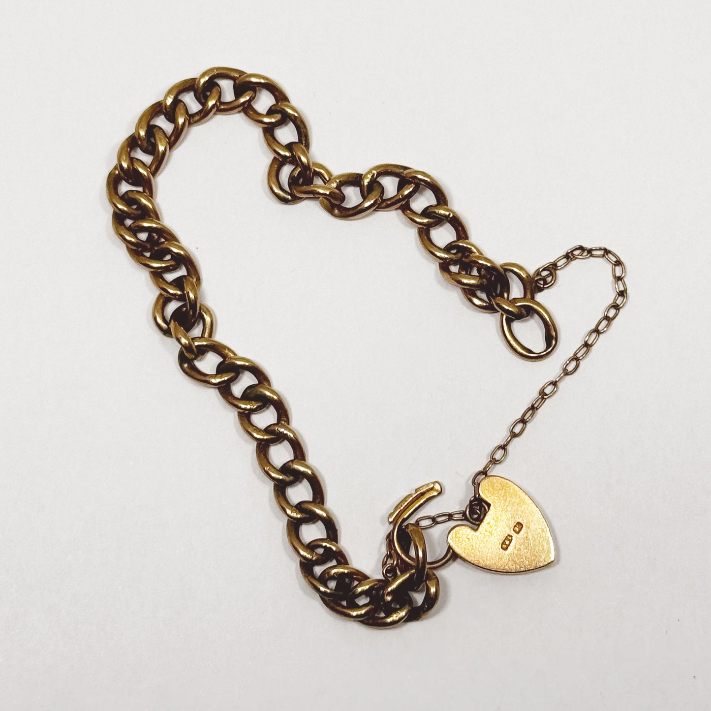 Victorian 9k Rose Gold Curb Link Heart Bracelet, 9 ct Gold Chain Bracelet, Heart Clasp, Fancy Curb, 9 ct Gold, 9K Gold Charm Bracelet