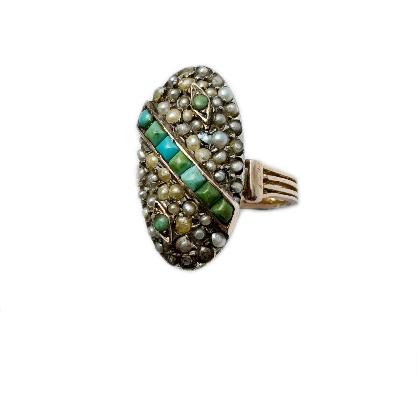 Antique 18K Gold Ring, Pearl & Turquoise Navette Ring, Uncleaned Victorian Era Jewellery , Size US 5 / UK J , 3.9 grams, 19th Century Ring