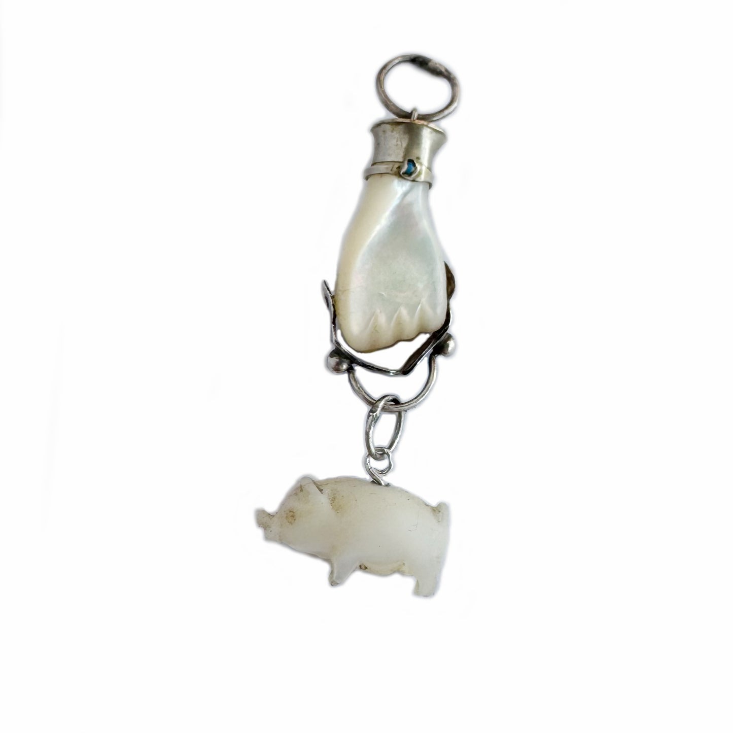 Antique Figa, Carved Mother Of Pearl, Silver Lucky Charm, Fist, Hand Pendant, Amulet, Figa Charm, Mano Figa, Victorian Charm with Pig