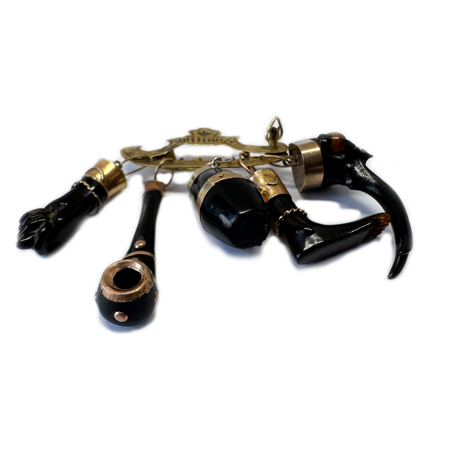 Antique 9k Gold Pin, Late Victorian Penca de Balangandã Brooch, 9ct Gold & Horn Charms, 1800s Colonial Cluster Brooch, Ex Voto Talismans