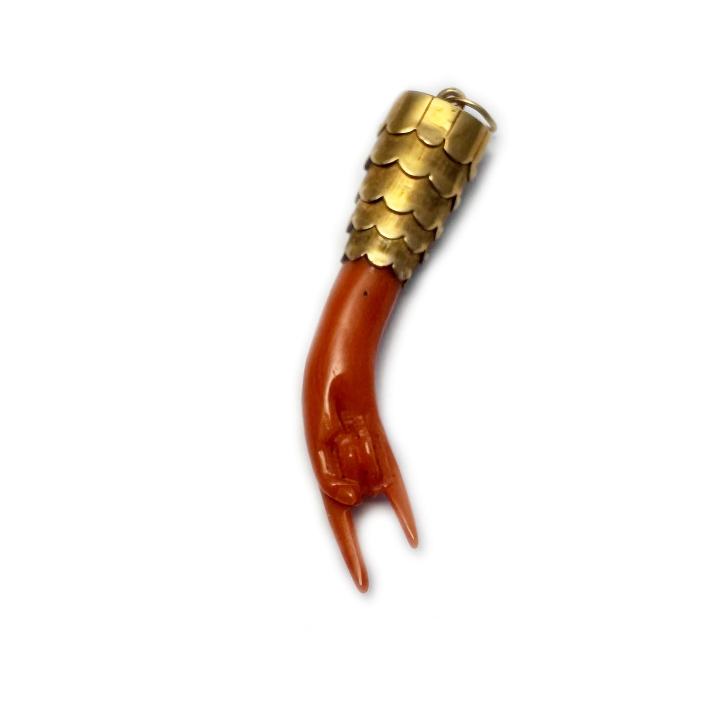 Antique 16k Coral Figa, Horned Hand, 16ct Gold Natural Mediterranean Coral, Lucky Charm, Figa Charm, Articulated, Mano Cornuta, Sign Of Horn