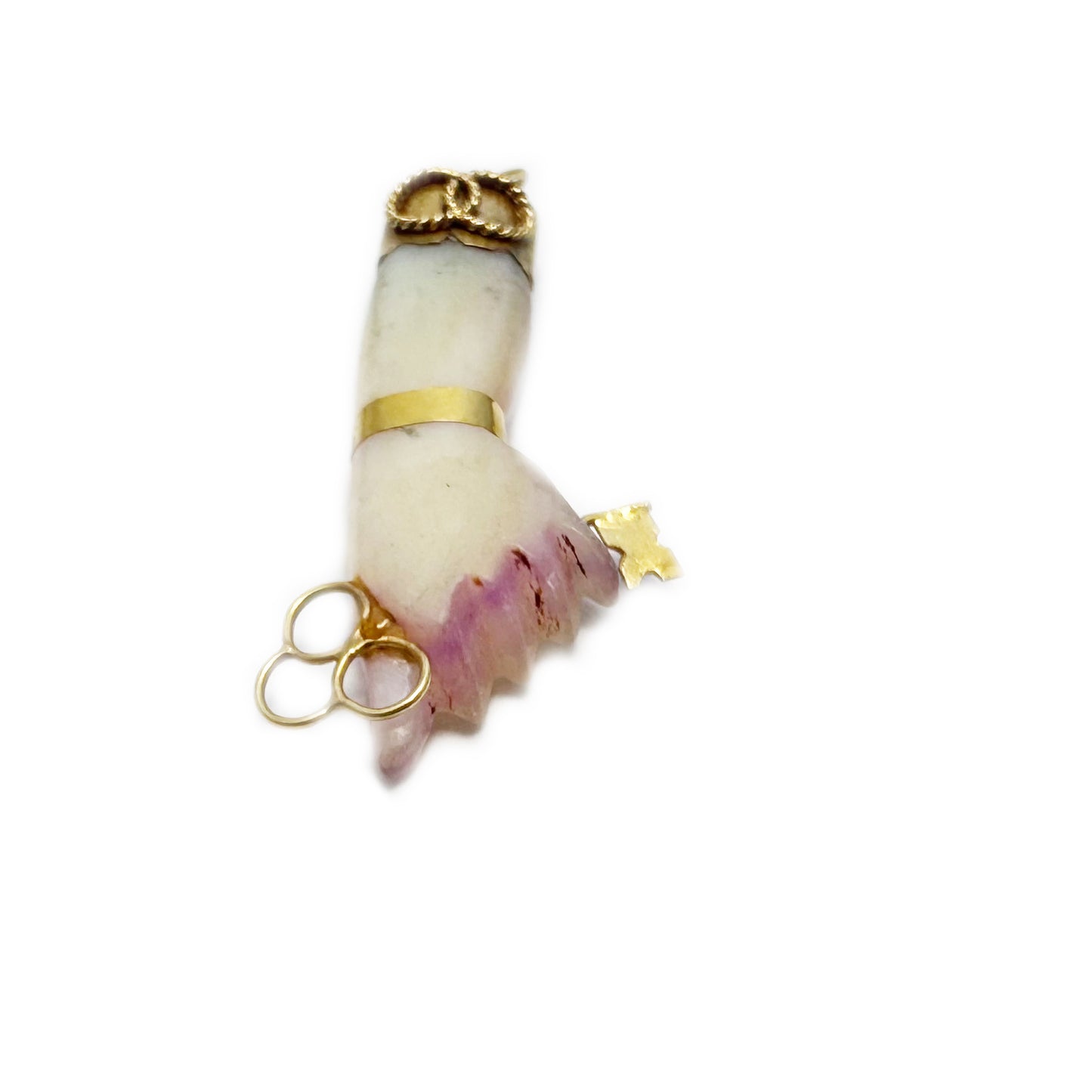 Vintage 18k Gold Abalone Figa Charm, Rare 1950s Mano Figa Pendant, Purple Mother of Pearl Hand 18 ct Gold Key Talisman