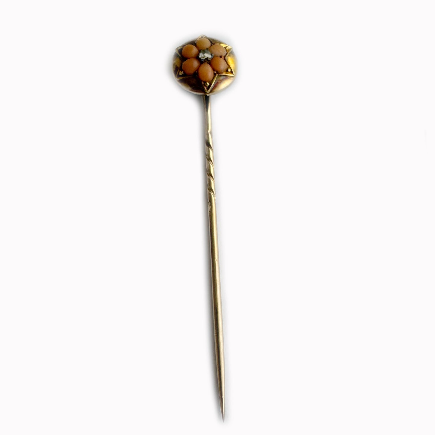 Victorian 9k Rose Gold Stick Pin with Coral and Diamond, Antique Flower Tie Pin, 19th Century Jewellery, Vintage 9ct Gold Lapel Pin Stickpin
