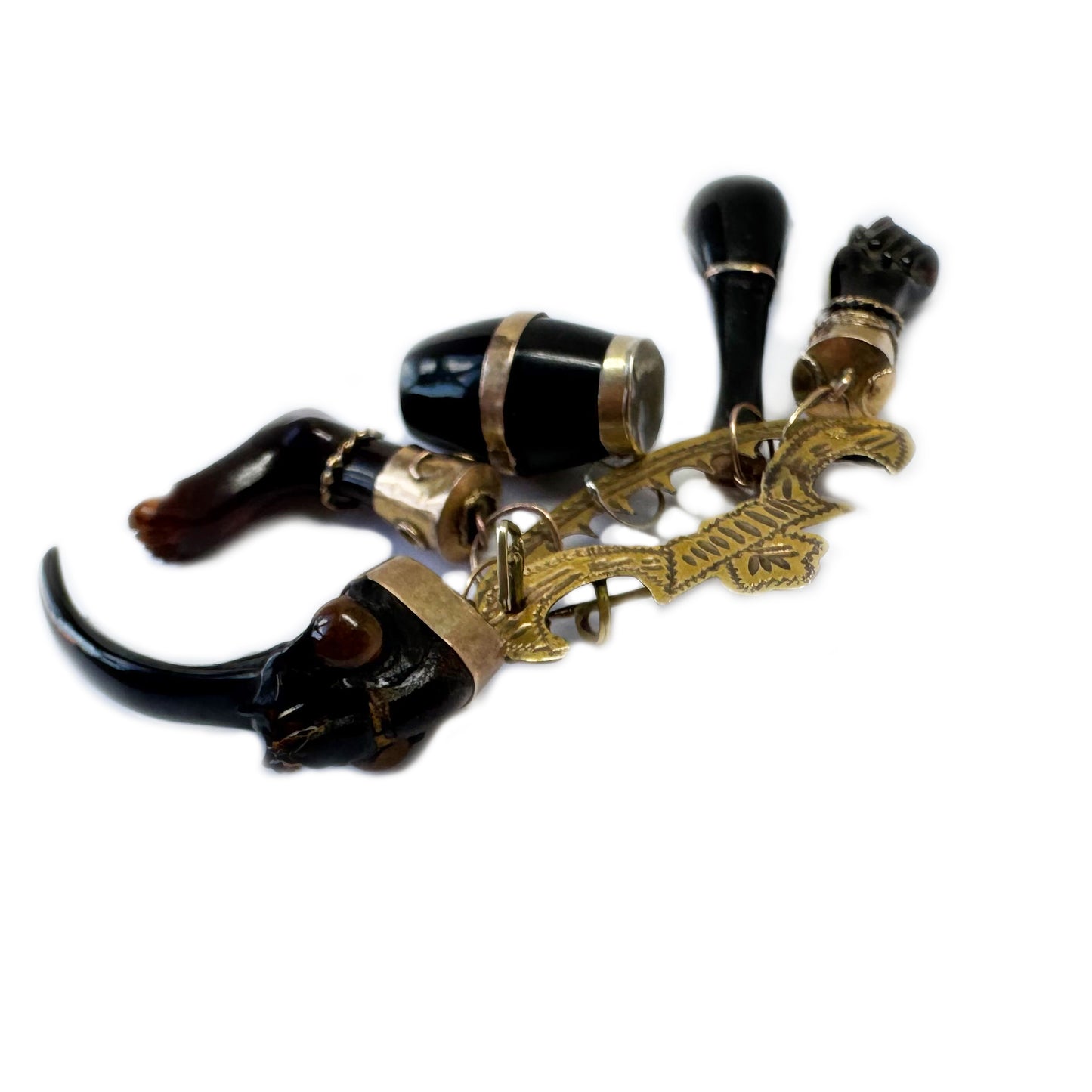 Antique 9k Gold Pin, Late Victorian Penca de Balangandã Brooch, 9ct Gold & Horn Charms, 1800s Colonial Cluster Brooch, Ex Voto Talismans