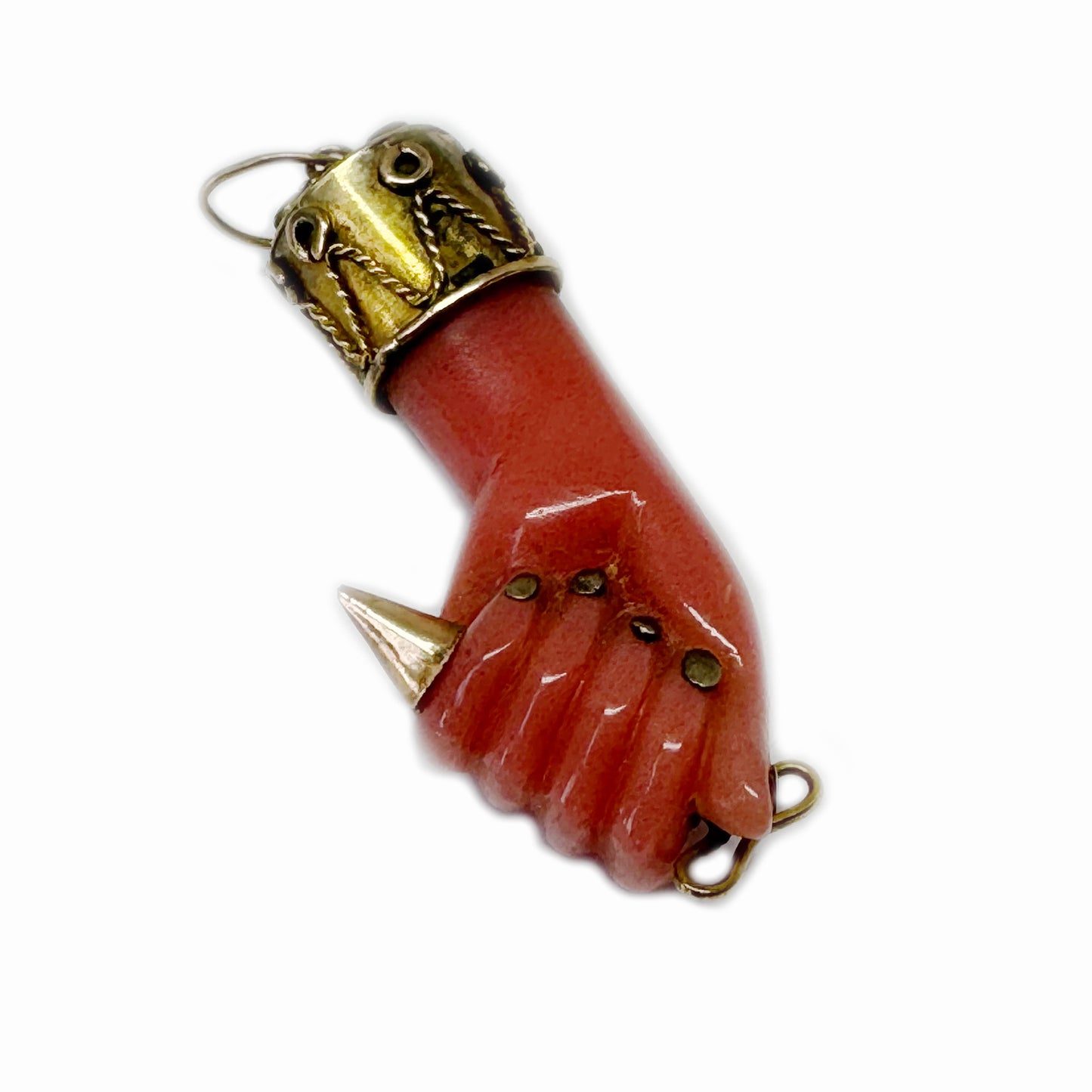 Antique 10K Gold Figa, 1940s, Pink Bakelite, Fist Hand Pendant, Key, Amulet, Charm, Mano Fico Pendant, Figa Charm, Evil Eye 10ct Gold