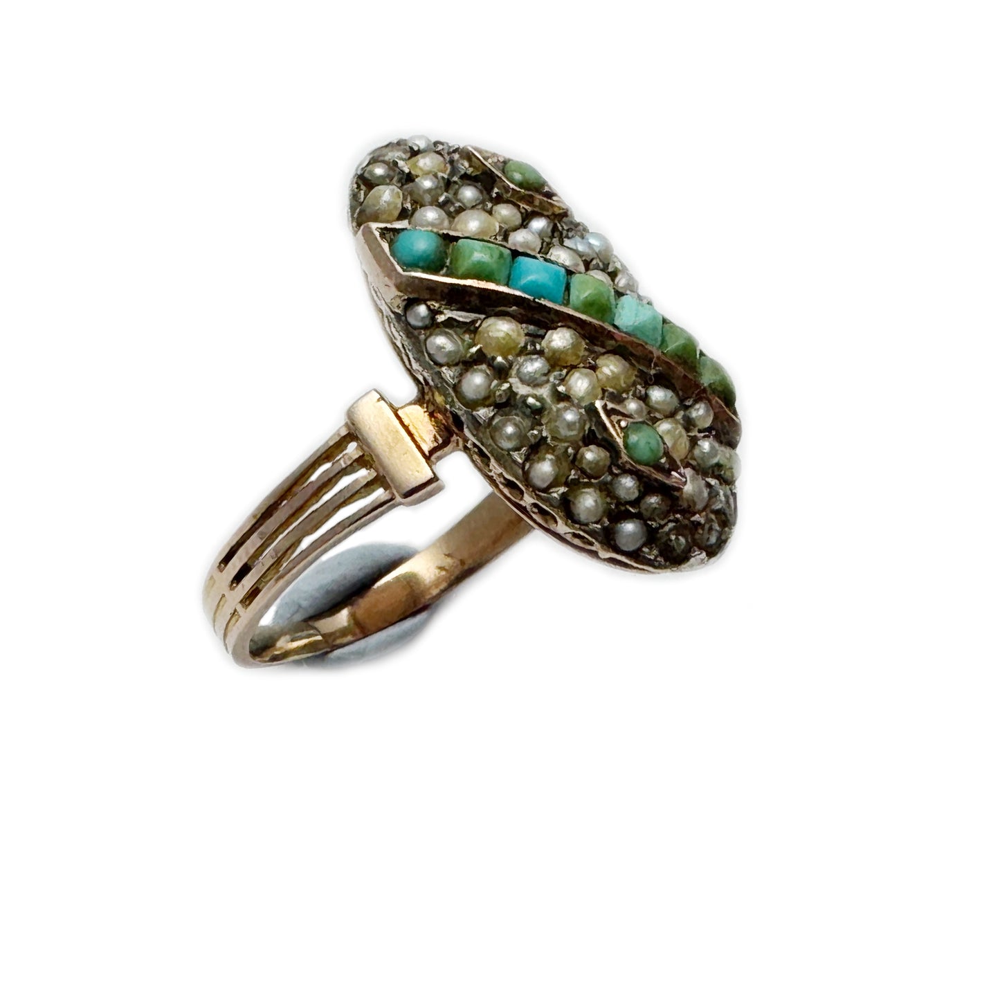 Antique 18K Gold Ring, Pearl & Turquoise Navette Ring, Uncleaned Victorian Era Jewellery , Size US 5 / UK J , 3.9 grams, 19th Century Ring