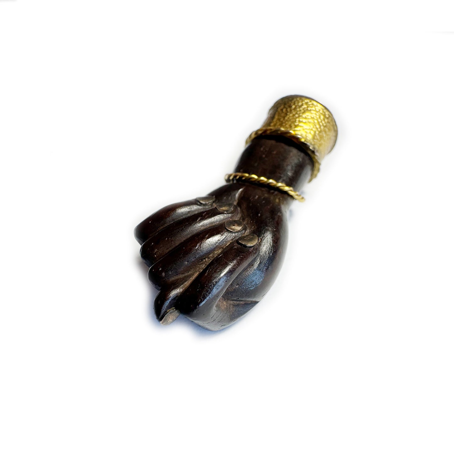 Large Vintage Wood Figa Hand Amulet, Gold Tone Metal Mount & Nails, Good Luck Charm, Afro Brazilian Protection Talisman, Figa Charm