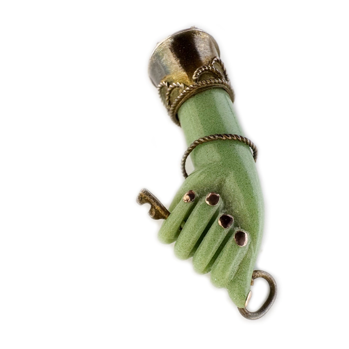 Antique 1940s Figa Pendant, Green Bakelite Mano Fico Charm, Key Amulet for Luck Protection Freedom, Unique Vintage Hand Pendant
