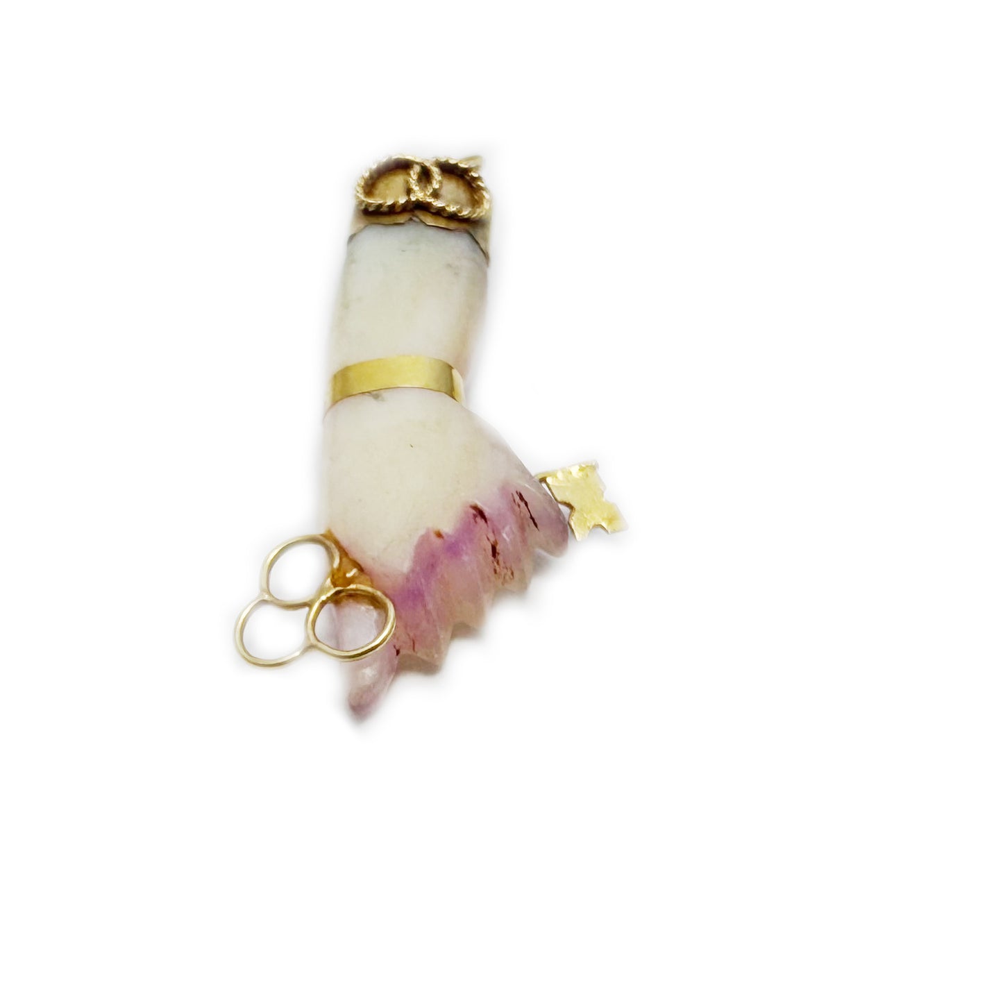 Vintage 18k Gold Abalone Figa Charm, Rare 1950s Mano Figa Pendant, Purple Mother of Pearl Hand 18 ct Gold Key Talisman