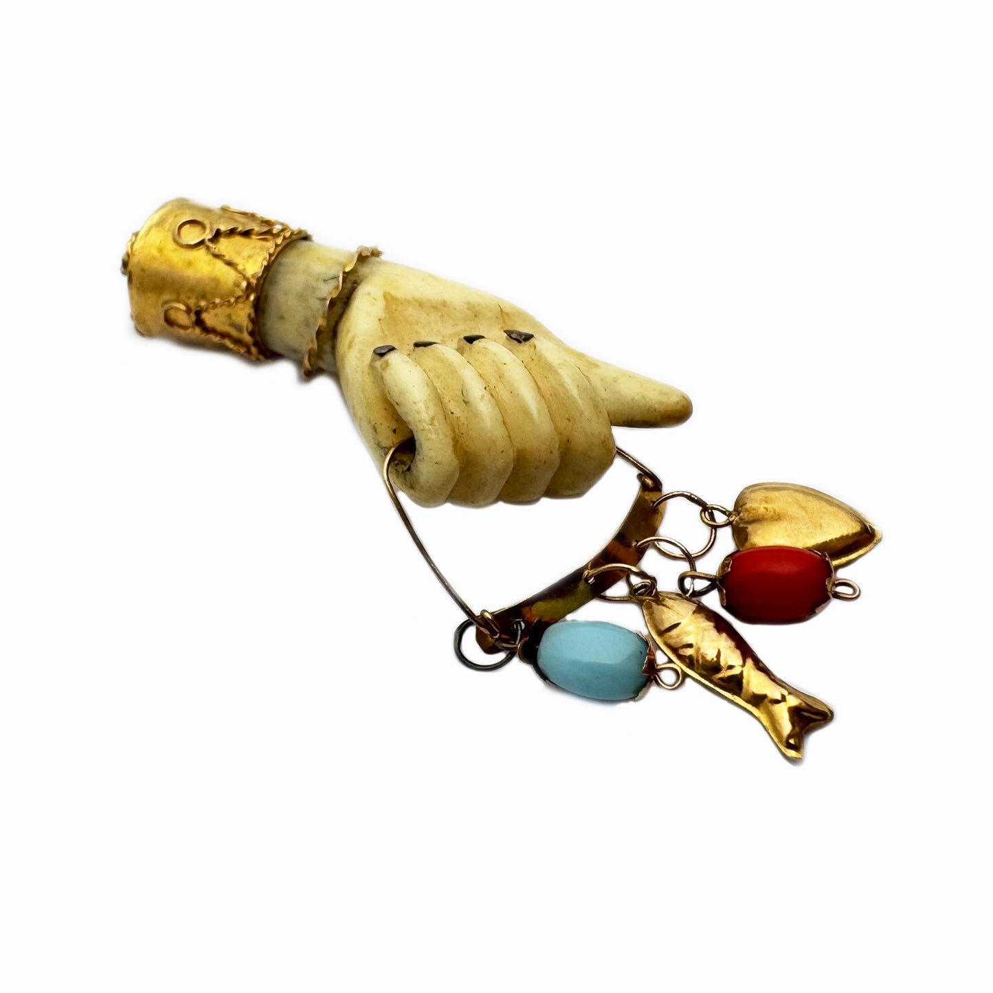 Antique 18k Gold Mano Figa Pendant: Victorian Bone Charm with Heart & Fish