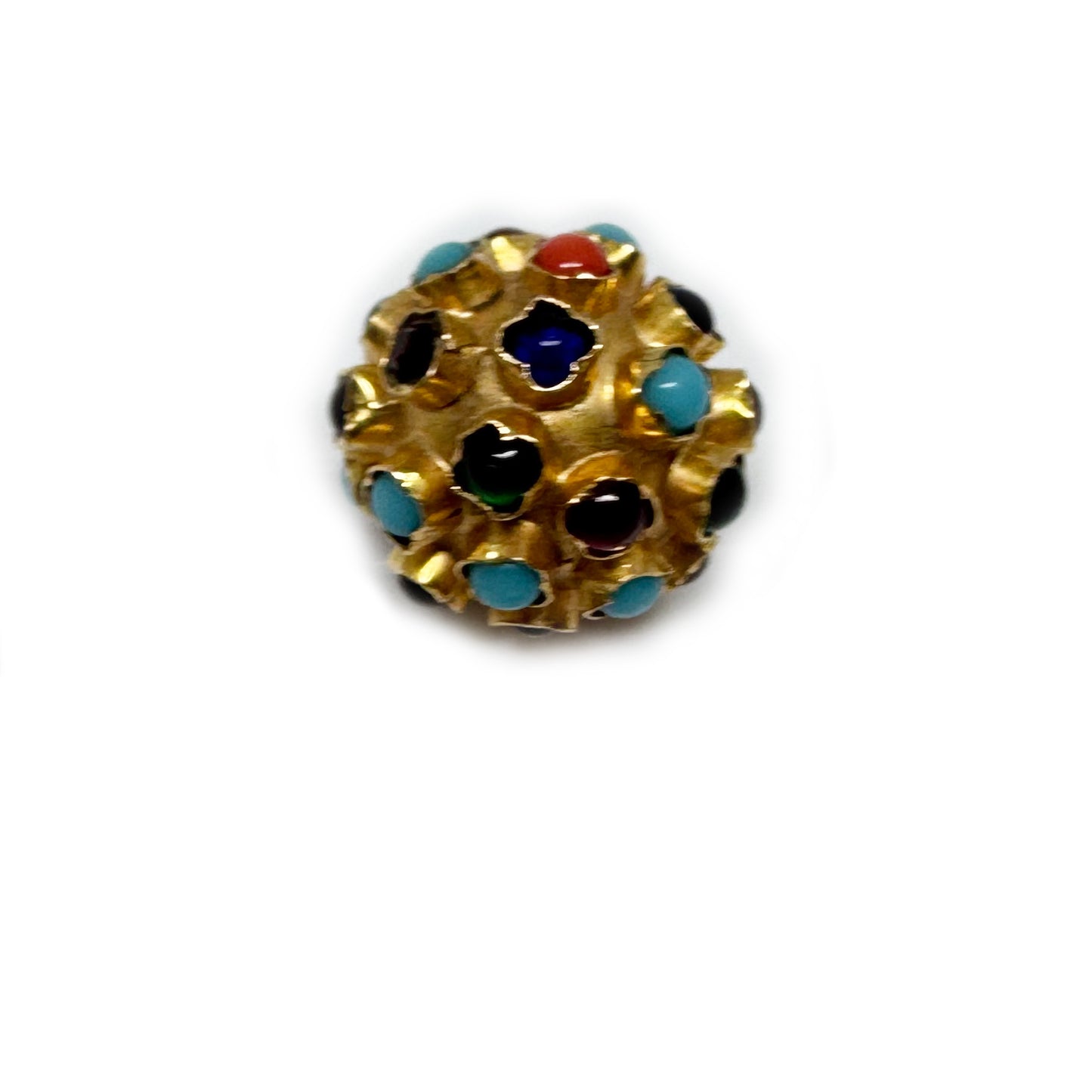 Vintage 19.2k Gold Sputnik Charm Pendant, Portuguese Orb with Coral & Multi-Gemstones, 1970s Solid Portuguese Gold 3D Ball