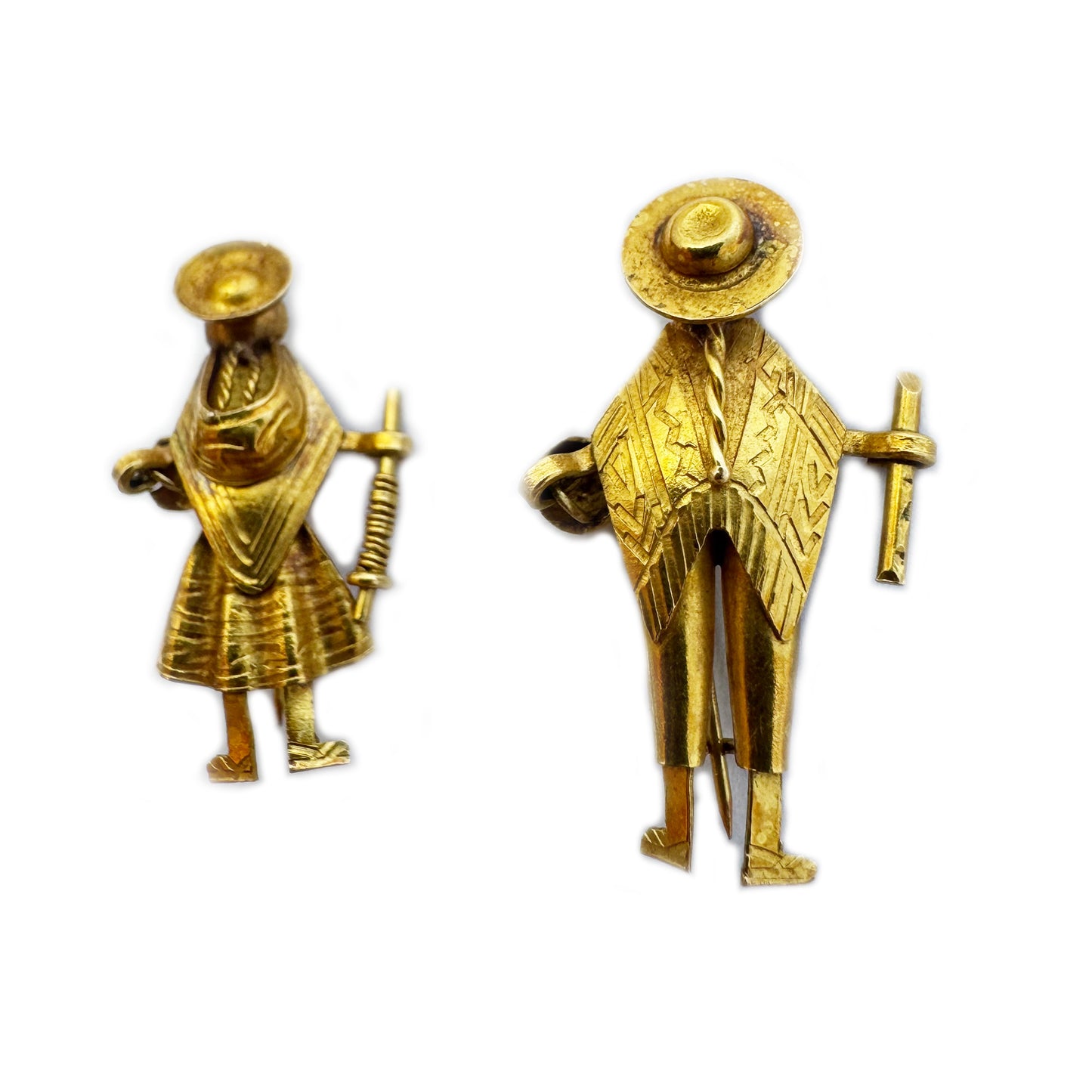 Antique 18k Gold Brooch Pair,  Peruvian Peasant Couple Pins, 18 ct Solid Gold Ethnic Jewellery, Folk Charm c.1900s, South America Treasure