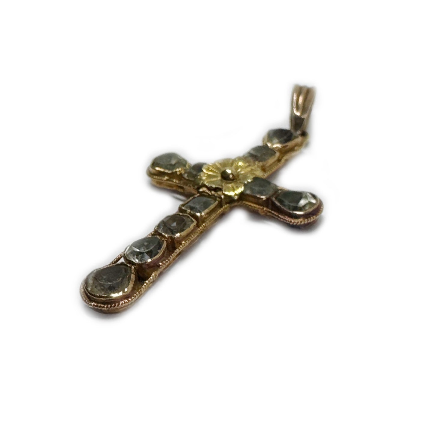 Antique 14k Gold Chrysoberyl Cross, 1700s Portuguese Crucifix Pendant, Georgian Jewellery, Baroque, Colonial Jewelry 18th Century Chrysolite
