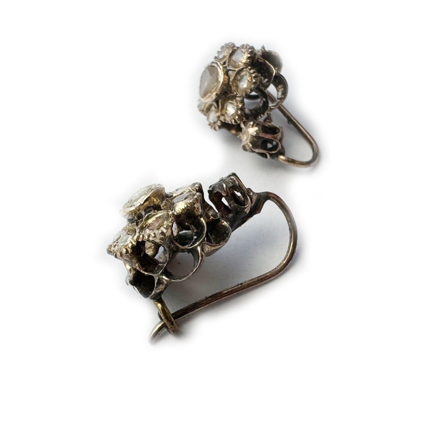 Antique Rose Cut Diamond Earrings,  Late 1700s Early 1800s Silver Cluster Drops, Georgian Era Dainty Jewellery, Old Cut Mine Diamond