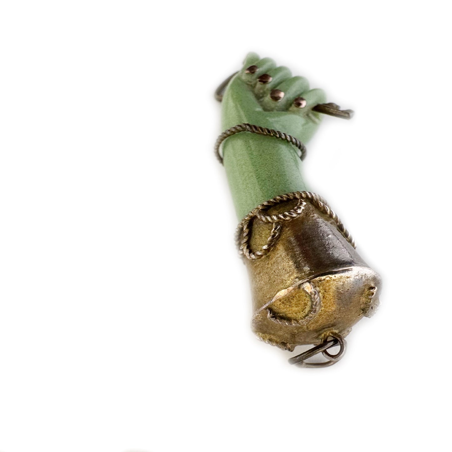 Antique 1940s Figa Pendant, Green Bakelite Mano Fico Charm, Key Amulet for Luck Protection Freedom, Unique Vintage Hand Pendant