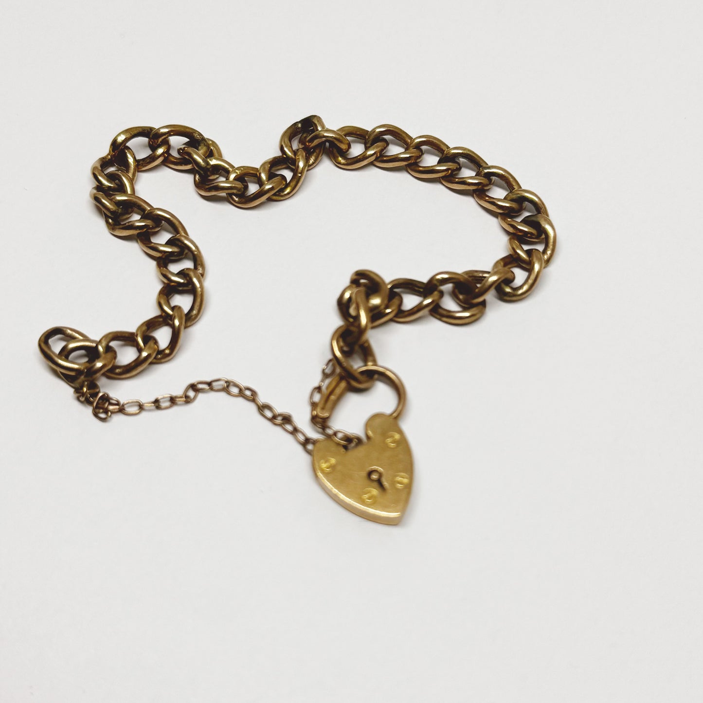 Victorian 9k Rose Gold Curb Link Heart Bracelet, 9 ct Gold Chain Bracelet, Heart Clasp, Fancy Curb, 9 ct Gold, 9K Gold Charm Bracelet
