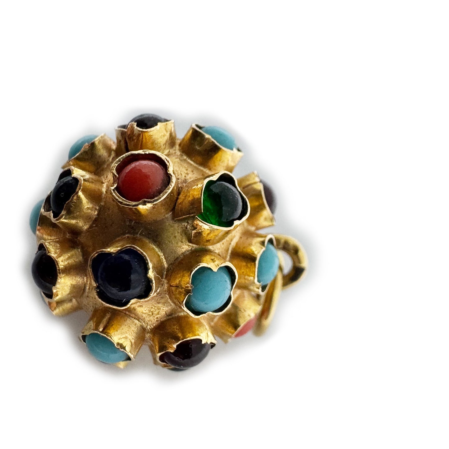 Vintage 19.2k Gold Sputnik Charm Pendant, Portuguese Orb with Coral & Multi-Gemstones, 1970s Solid Portuguese Gold 3D Ball