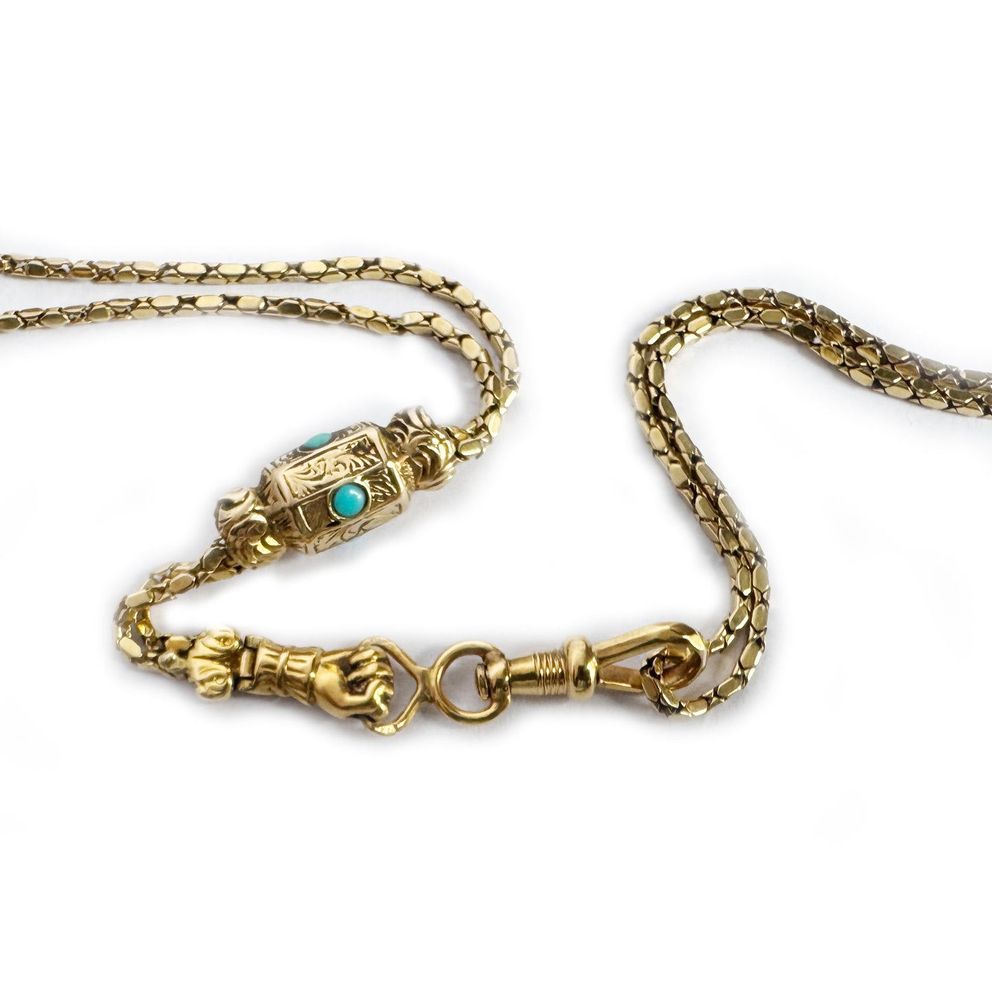 Antique 18k Gold French Guard Chain, Georgian to Early Victorian, Turquoise Slide, Fist Clasp, 18 ct Gold Rare Delicate 19.0 Grams Necklace