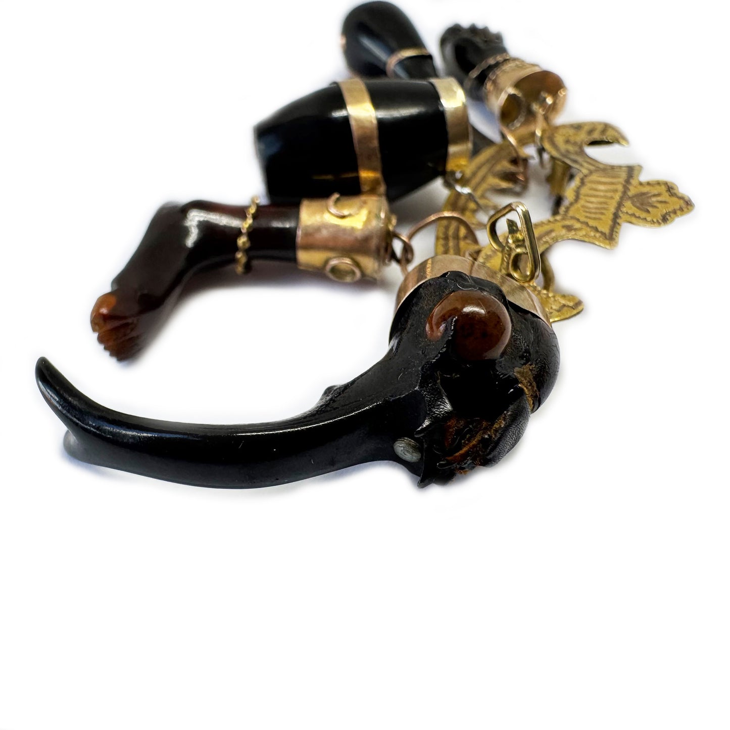 Antique 9k Gold Pin, Late Victorian Penca de Balangandã Brooch, 9ct Gold & Horn Charms, 1800s Colonial Cluster Brooch, Ex Voto Talismans